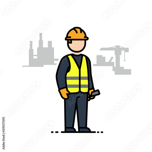 Construction worker: A construction worker stands tall, clad in a safety vest and helmet, ready to oversee a bustling construction site. The image evokes professionalism, dedication.
