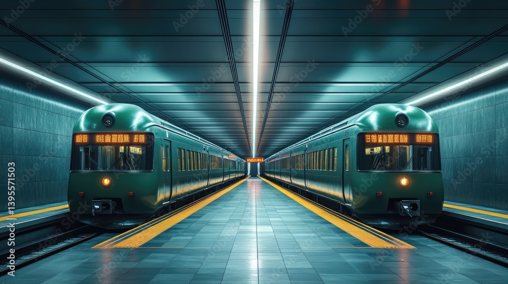 Naklejka premium Two green trains standing at a platform in a subway station