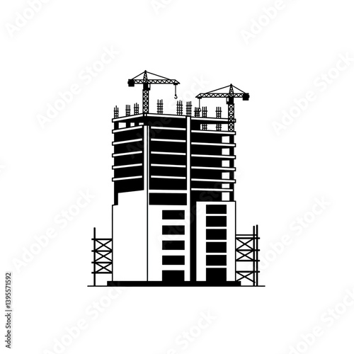 Construction Silhouette: A stark black and white depiction of a high-rise building under construction, capturing the raw energy and ambition of urban development.