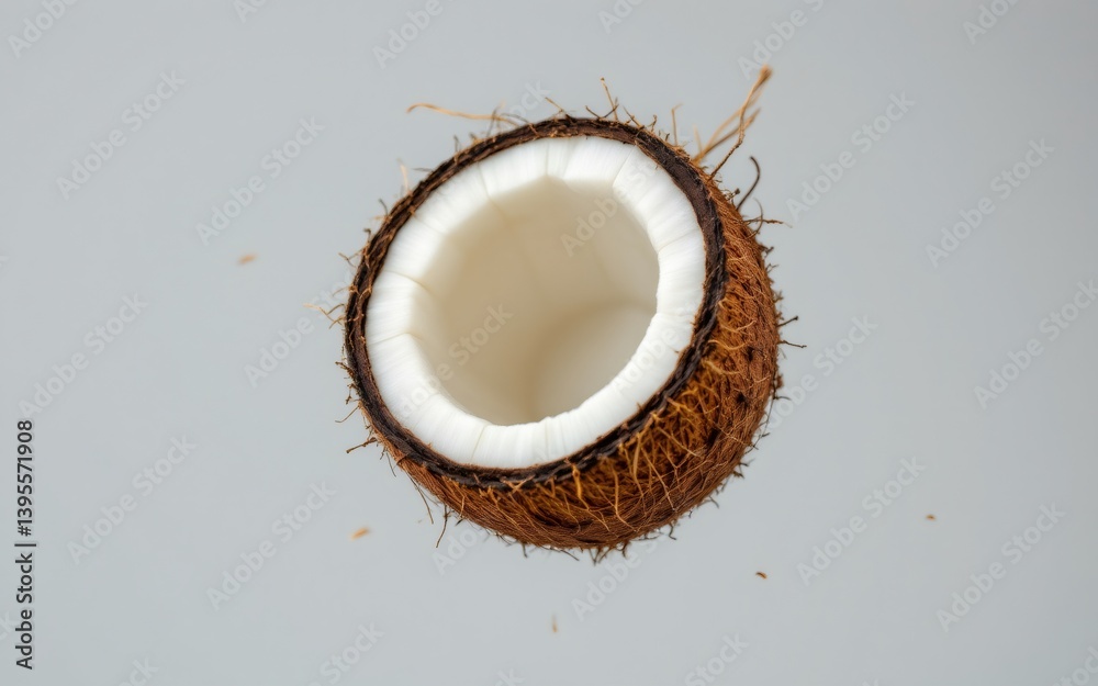 An isolated coconut half showcases its fibrous shell and creamy interior against a neutral background An isolated coconut half showcases its fibrous shell and creamy interior against a neutral background