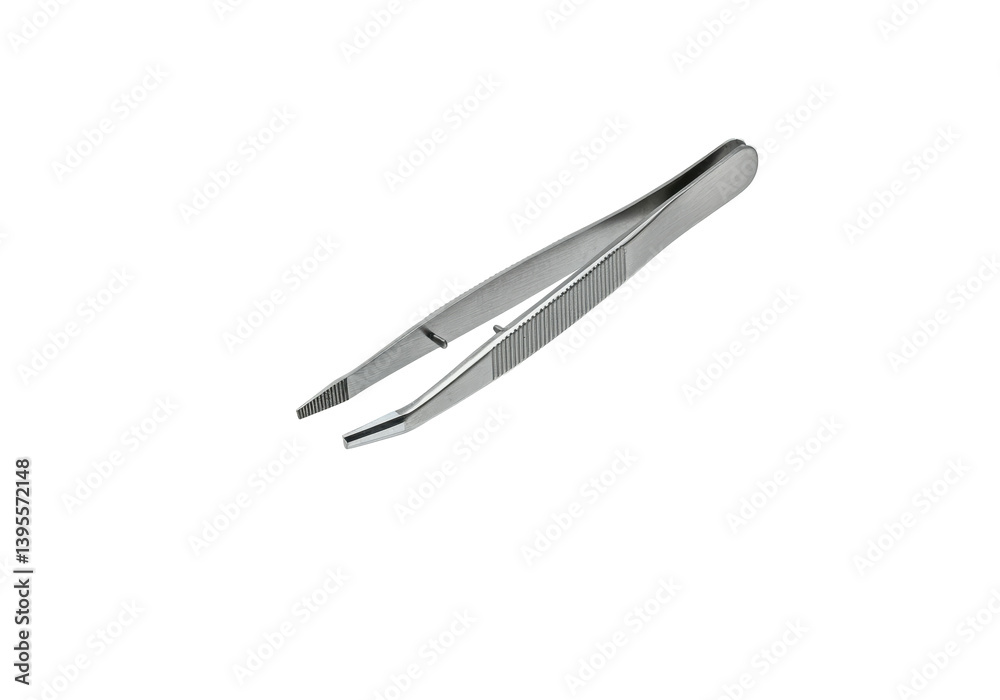 A floating pair of tweezers, horizontally aligned, on a solid white background A floating pair of tweezers, horizontally aligned, on a solid white background