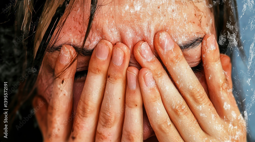 Fototapeta premium Close Up Weeping Person Hands Covering Face Water Droplets