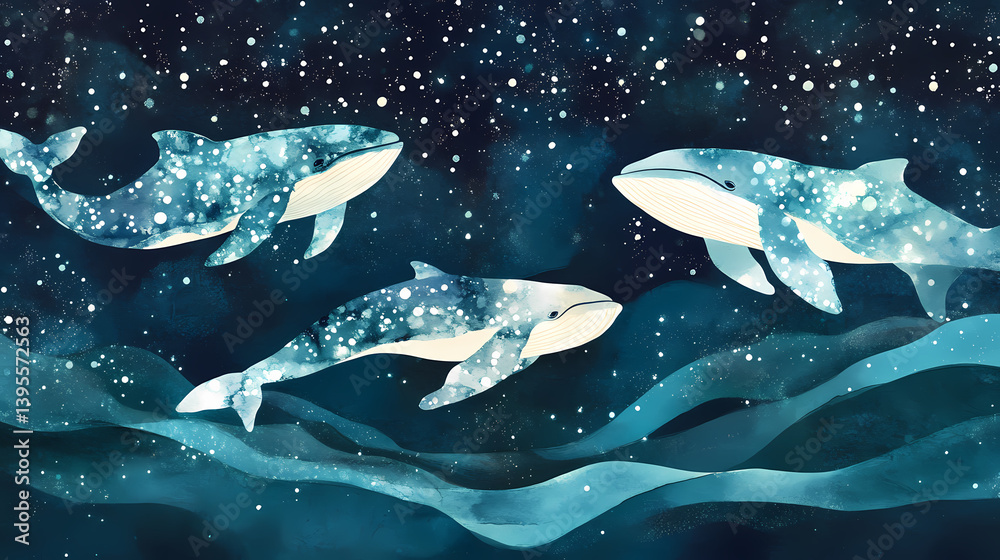 Naklejka premium Dreamy watercolor whales swimming beneath a starlit ocean surface with copy space. Starlit Shoals. Illustration