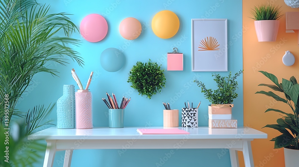 Creative Workspace: Bright Desk Setup with Plants, Colorful Decor, and Stylish Stationery for Productivity and Inspiration.