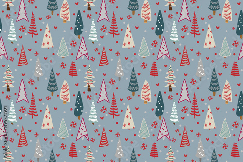 Festive design features array of stylized christmas trees Different colors Seamless vector pattern interspersed hearts snowflakes Creating holiday atmosphere Wrapping paper design Gray background