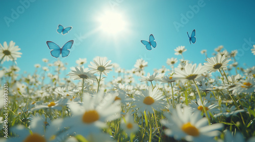 Blue butterflies flying over daisy field