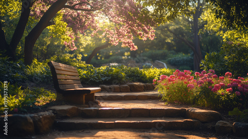 Scenic park with bench and blooming trees in spring