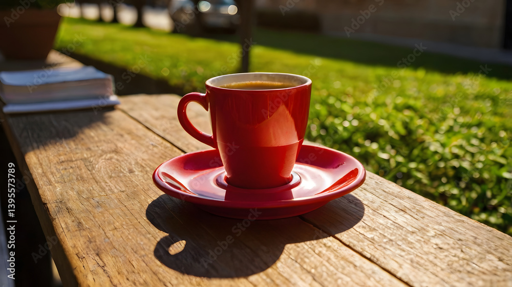 Red coffee cup on outdoor cafe table in sunlight