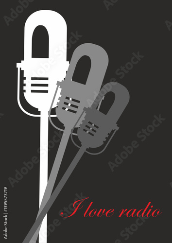 
Vector studio radio microphones on black background with "I Love Radio" text, poster-style illustration [with copy space]