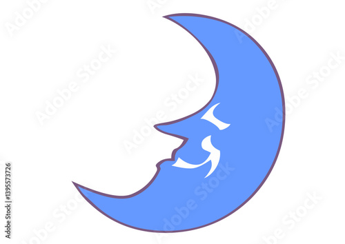 Smiling blue moon with eyes, cheerful mood, whimsical vector illustration [with copy space]