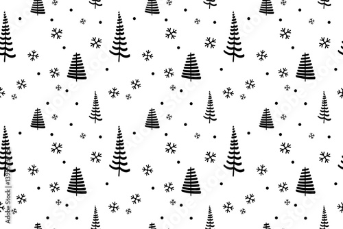 White transparent background features seamless vector pattern of black pine trees snowflakes, creating cheerful atmosphere perfect for winter celebrations holiday Wrapping paper design Christmas gift