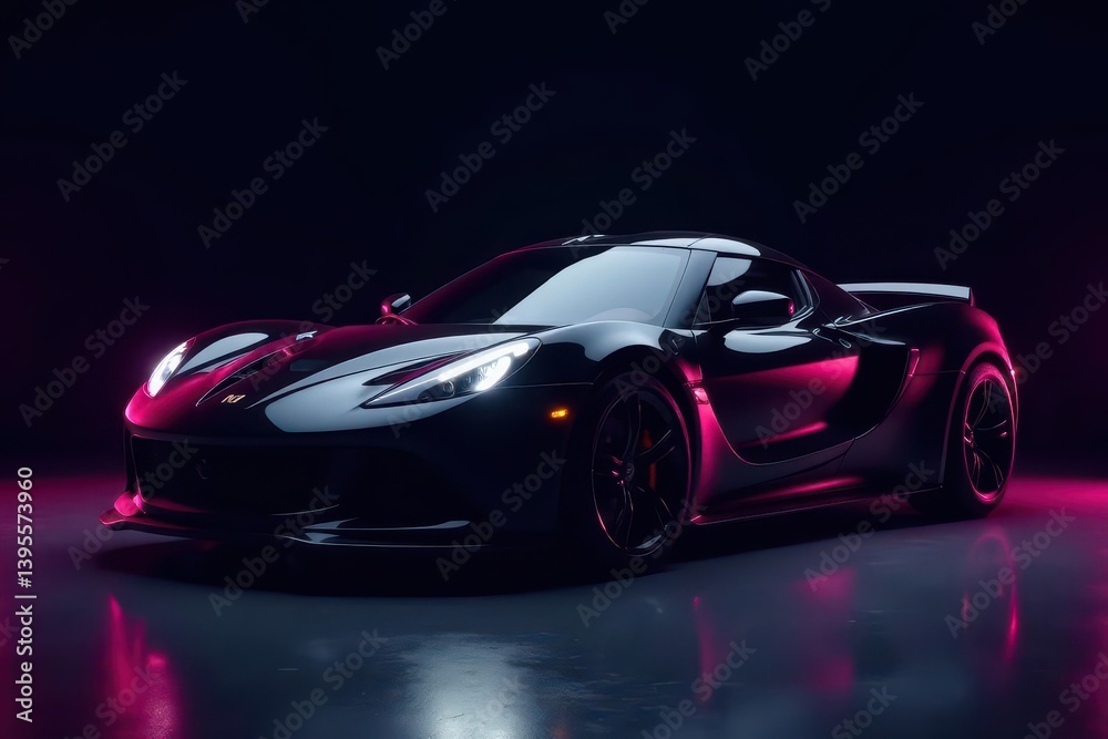 Fototapeta premium Sleek black sports car, neon accents, dark background, speed lines, exotic car, car