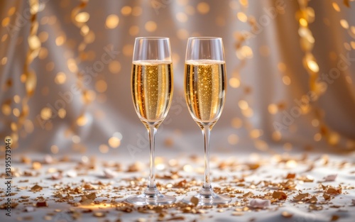 Two elegant champagne flutes filled with sparkling drink, surrounded by golden confetti