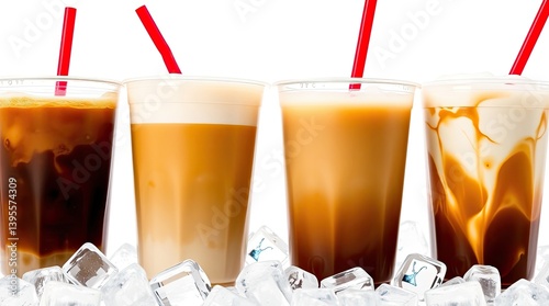 Four iced coffee drinks with different milk and cream variations. photo