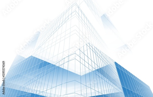 Futuristic glass building wireframe, blue and white architectural concept