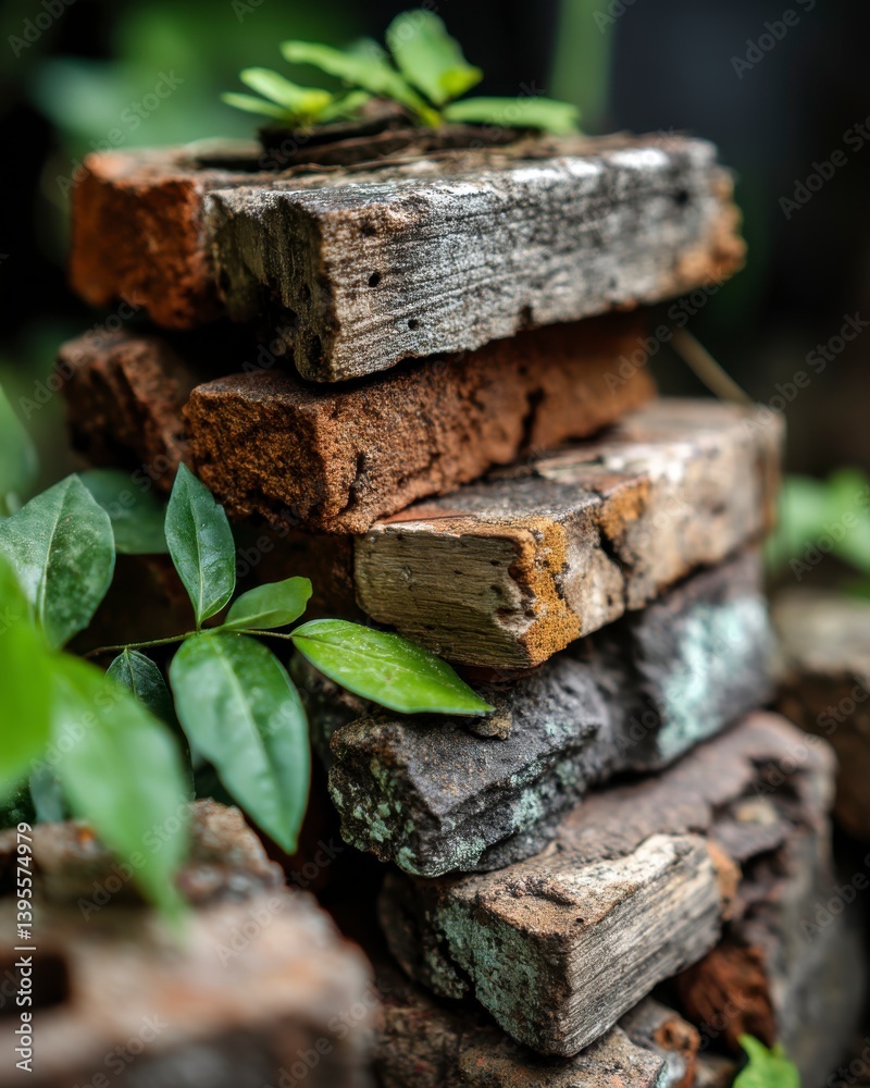 Stack of Recycled Bricks Surrounded by Lush Green Leaves Stack of Recycled Bricks Surrounded by Lush Green Leaves