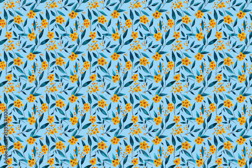Floral Dance of Color: A captivating floral tapestry blossoms with a harmonious blend of yellow blossoms and rich foliage, against a sky-blue canvas. This vibrant artwork evokes a sense of spring.