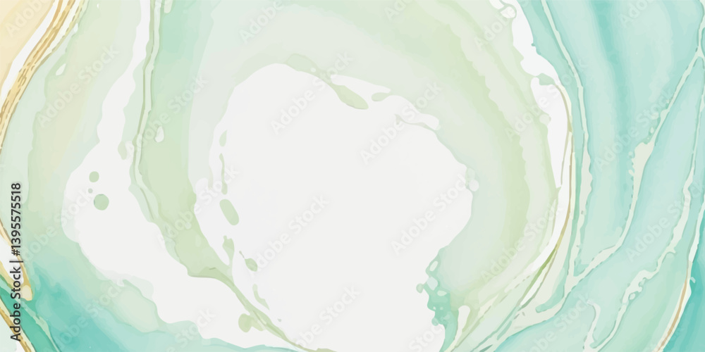 Obraz premium Abstract watercolor paint background illustration - Soft pastel green aquamarine color and golden lines, with liquid fluid marbled paper texture banner texture