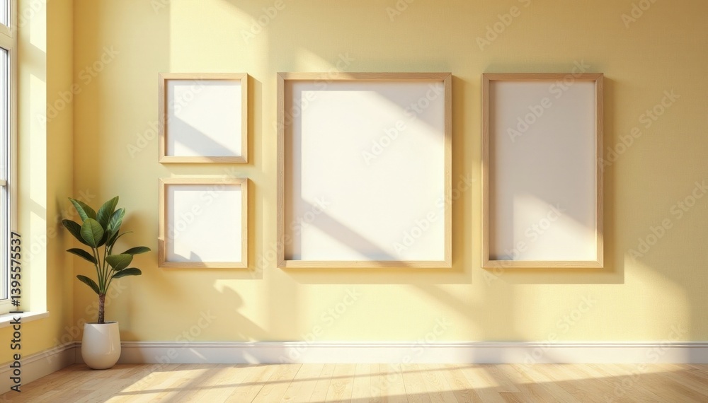 Several empty wooden picture frames hang on a beige wall bathed in sunlight , clean, image