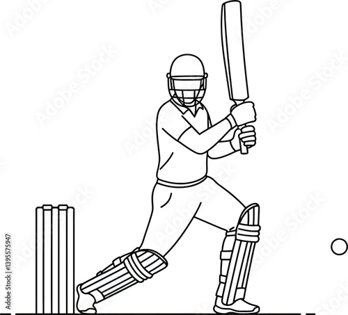 Cricket Player in Action: A dynamic monochrome illustration captures the focus and power of a cricket batsman mid-swing, ready to strike the ball with precision.