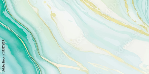 Abstract watercolor paint background illustration - Soft pastel green aquamarine color and golden lines, with liquid fluid marbled paper texture banner texture