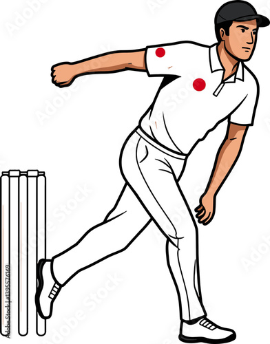 Cricket Bowler in Action: A dynamic illustration captures a cricket bowler in full flow, delivering a ball with focus and power, ready to bowl at the wickets.