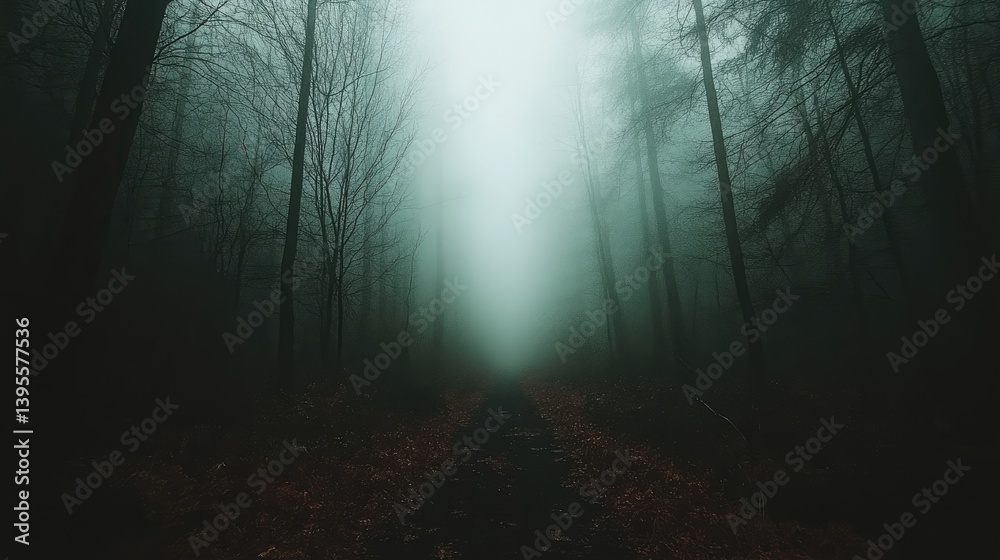 Naklejka premium Path vanishing in misty forest, leaves on ground, dark woods background