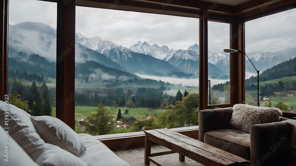Wide closeup photograph of view from a luxury cozy hotel bedroom window, cozy couch with pillows and coffee cup on a tray, misty mountain range landscape outside in a cold day morning