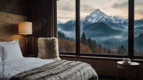 Obraz na płótnie Wide closeup photograph of view from a luxury cozy hotel bedroom window, cozy couch with pillows and coffee cup on a tray, misty mountain range landscape outside in a cold day morning w salonie