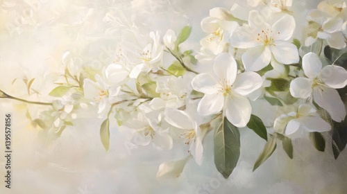 A delicate branch of pristine white blossoms gracefully cascades across a soft, dreamy pastel background creating a serene and beautiful floral image perfect for sp or