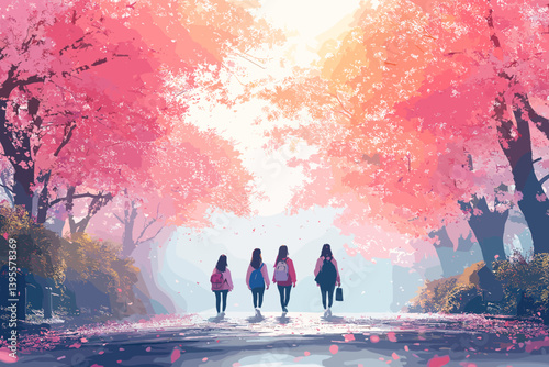 Vector illustration of four people walking under vibrant pink trees in a glowing, dreamy landscape. Peaceful and artistic scene capturing the beauty of nature and companionship