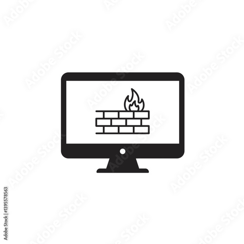Cyber Security Firewall: A minimalist vector illustration of a computer monitor displaying a firewall symbol, representing digital security and protection against threats.