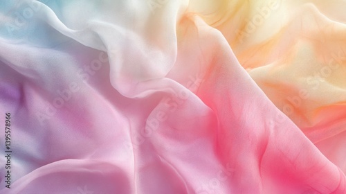 A vibrant pastel rainbow ombre silk fabric dramatically drapes and flows creating a luxurious and elegant textile background texture.