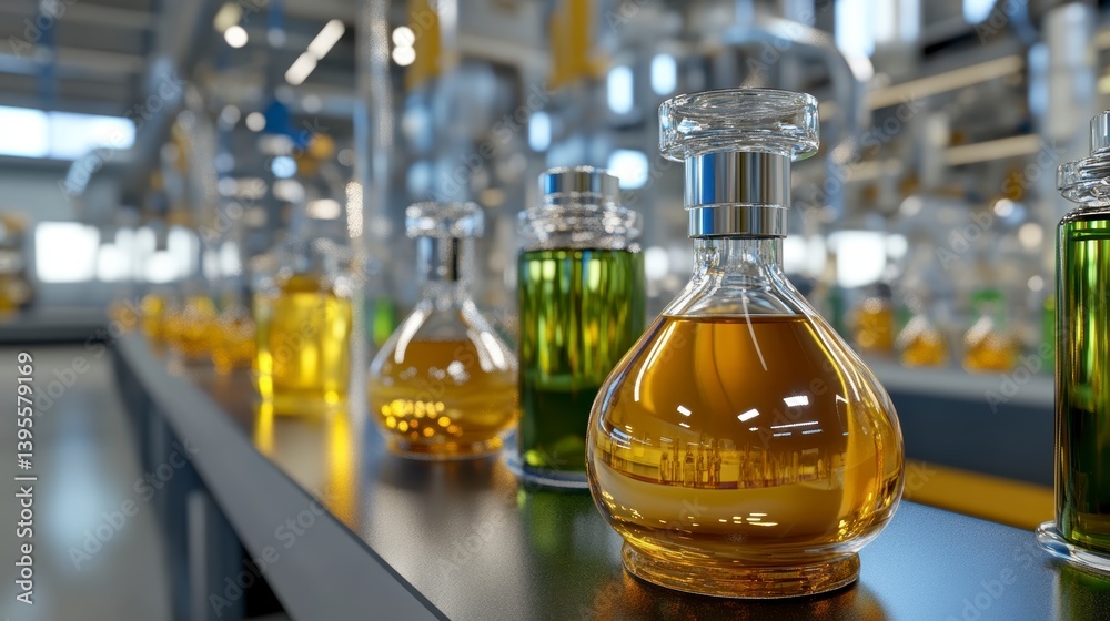 Glass Bottles of Amber, Green and Yellow Liquids on Conveyor Belt in Factory Glass Bottles of Amber, Green and Yellow Liquids on Conveyor Belt in Factory