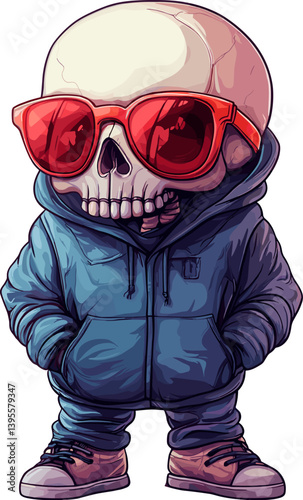 Cool cartoon skeleton wearing red sunglasses, a blue hoodie, and sneakers with hands in pockets. Stylish and bold vector character with urban street vibes and confident attitude