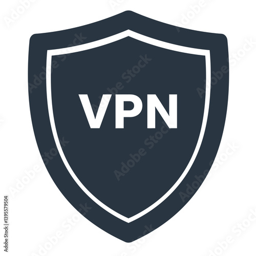 VPN Protection: A shield with the word VPN in the middle. Represents data encryption, internet safety, and virtual private networks.