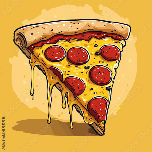 Melty cartoon slice of pepperoni pizza with gooey cheese and a crispy crust on a yellow background. Tasty and bold vector illustration perfect for food and fast-food themes