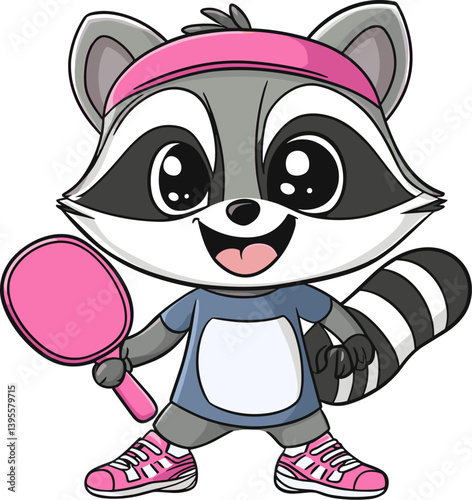 Cute cartoon raccoon in sportswear holding a pink paddle, wearing a headband and sneakers. Playful and sporty vector character full of energy and ready for action