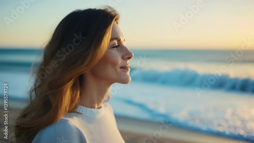 Sunset meditation by the ocean with a middle aged woman enjoying calm and serenity