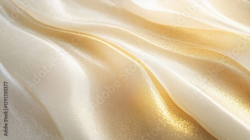Luxurious golden and ivory silk fabric with elegant flowing waves and shimme texture perfect for elegant design projects or backgrounds.