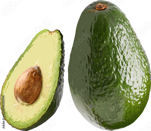 Avocado: A vibrant image captures two fresh avocados, one whole and one sliced, revealing the smooth texture and rich, verdant hues.