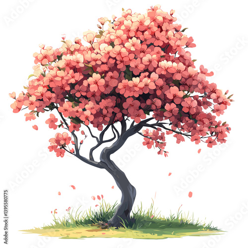 Elegant cherry blossom tree with pink flowers and a curved trunk, standing on grassy ground. Peaceful and artistic vector illustration with a delicate spring atmosphere