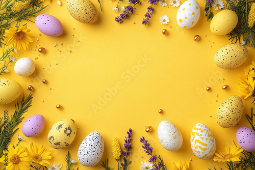 Colorful Eggs and Flowers on Yellow Background Festive Spring Still Life