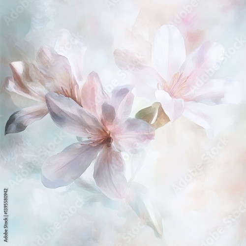 A dreamy pastel painting showcases three delicate lilies in soft focus creating a serene and romantic floral artwork perfect for home decor or feminine design projects.