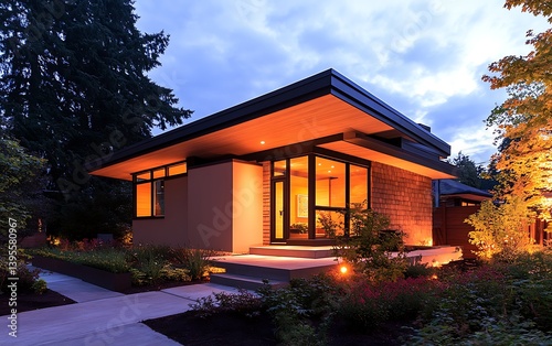 Modern house with evening, and garden lights.