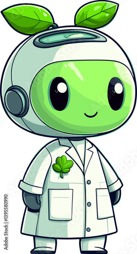 Cute green cartoon robot with leaf antennas, wearing a white lab coat with a clover symbol. Eco-friendly and futuristic vector character design promoting science and nature