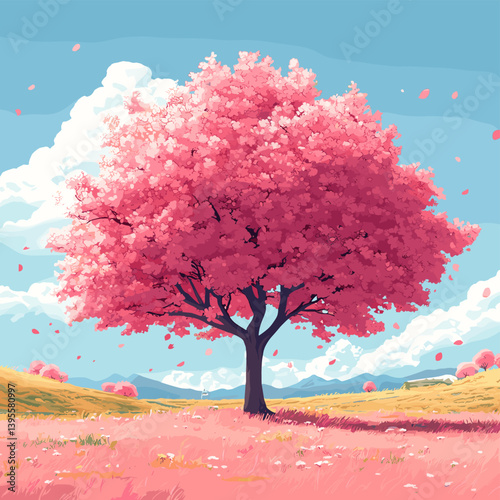 Beautiful pink tree in a wide open field with petals falling, under a bright sky with clouds. Peaceful and dreamy vector landscape with spring and fantasy vibes