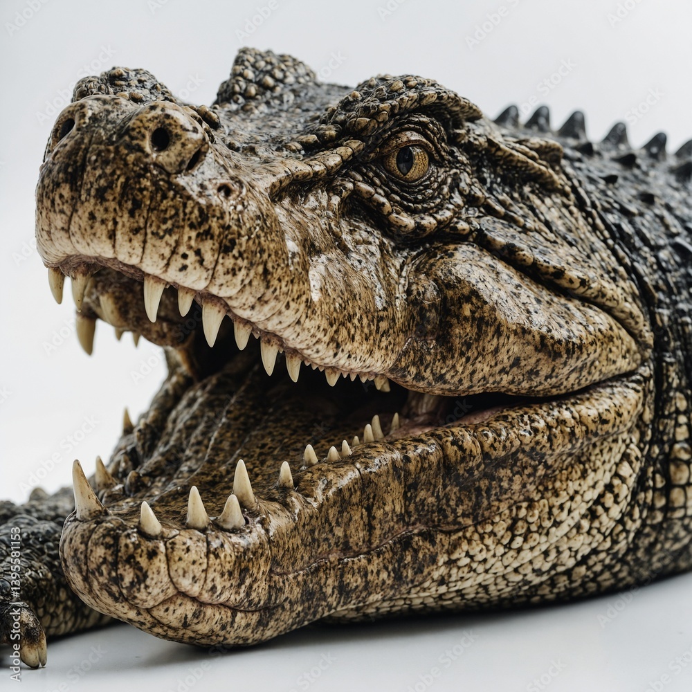 Fototapeta premium Detailed crocodile head close-up on a white background.