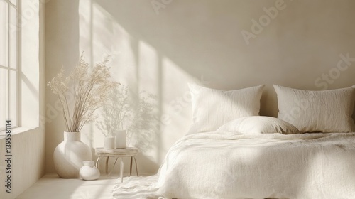 A minimalist bedroom features a large bed with cream linen bedding, sunlight streaming through a window illuminating dried pampas grass in a ceramic vase on a small wooden side