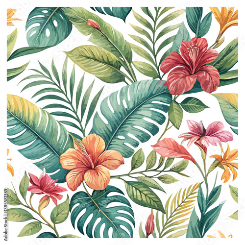 Tropical Botanical Burst: A vibrant illustration of lush tropical leaves and exotic blossoms, offering a seamless pattern design that exudes warmth and natural beauty.